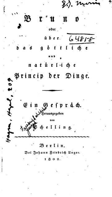 Friedrich Wilhelm Joseph von Schelling: Bruno (German language, 1803, J. F. Unger)